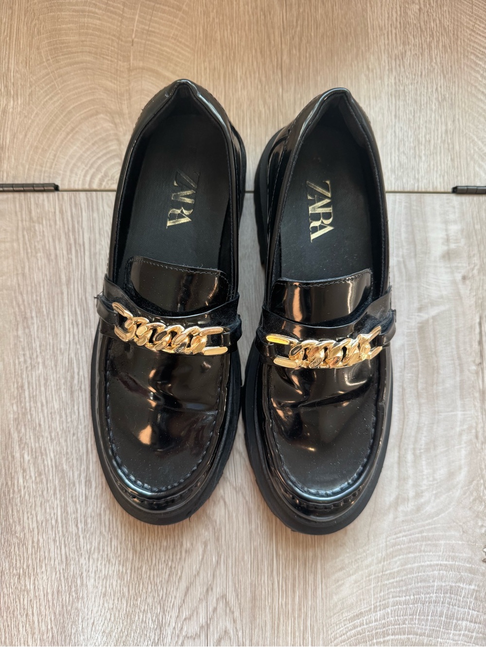 Zara Black Patent Loafers with Gold Chain Accent